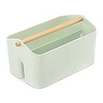 Navaris Plastic Organiser Box - Utensil Holder w/Wood Handle and 2 Compartments - Storage Container for Bathroom Bedroom Kitchen - Mint Green, Medium