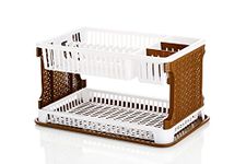 Attro Lenova Utensil Basket-Stylish and Durable Plastic Kitchen Organizer Rack Cutlery Utensil,Simple Assembly, Fruits and Vegetable Drying Drain and Storage Stand with Water Storing Tray-Brown