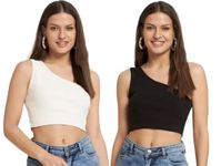 PINOVO Women's Stylish & Premium Cotton White & Black Tank Top & Crop Top for Women (SIDE-SANDO-J-B & W-L)