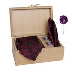 nu-Lite Men's Micro Polyester Printed Necktie Set with Pocket Square, Brooch Pin and Cufflinks in Wooden Box (Wine Burgandy, Free Size)