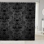 Black Damask Fabric Shower Curtain Antique Victorian Baroque Gothic Shower Curtain Sets Vintage Floral Exotic Sugar Skull Bathroom Accessories 72" Wx72 L,Skeleton Bohemian Decor,Charcoal Grey