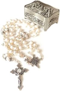 elegantmedical Handmade Sterling Silver White Pearl Beads Catholic Rosary Necklace Cross Crucifix Gift Box