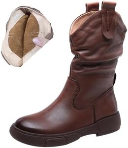 Keilinia Women's Leather Pull-On Cowboy Boots,Fall/Winter Comfy Waterproof Non-slip Softsole Casual Dress Oxford Mid-calf Boot (8,Brown,8)
