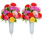 Artificial Cemetery Flowers, Set of 2 Artificial Carnation Bouquet Grave Memorial Flowers with Vase for Cemetery Headstones Decoration (Carnation)