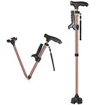 SUEH DESIGN Folding Walking Stick with LED Light for Men and Women, 11 Heights Adjustable, Collapsible Elderly Walking Cane with Side Handle, Gold