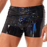 FEESHOW Mens Shiny Patent Leather Swim Trunks Mid Waist Bulge Pouch Boxer Shorts Swimwear Clubwear Black B L
