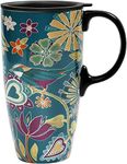 CEDAR HOME Coffee Ceramic Mug Porcelain Latte Tea Cup With Lid 17oz. Floral Symphony, Teal