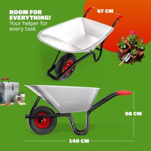 GARDEBRUK Heavy Duty Wheelbarrow 100L – Pneumatic Tyre, 250kg, Steel Rim, Silver/Red