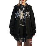 Loalirando Women Hip Hop Oversized Graphic Hoodies Zip Up Long Sleeve Sweatshirt Gothic Butterfly Print Coat Goth Harajuku Streetwear (Black, L)