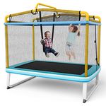 GYMAX Trampoline for Kids, 75” ASTM Approved Recreational Trampolines with Swing, Horizontal Bar & Enclosure Net, Mini Rectangle Trampoline for Baby Toddlers Indoor/Outdoor (Yellow)