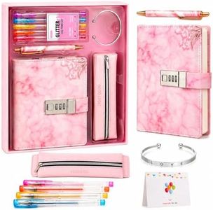 WeiAlico Secret Diary with Lock for Girls Ages 8-12, Ready-to-Gift Journal Set with Combination Lock, 256 Pages, Pen Pouch, Gel Pens & Bracelet, Cute Birthday Christmas Gift for Tween Girls( Pink Marble)