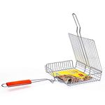 AMULAKH BBQ Barbecue Square Wire Grill Net Frying Pan Basket with Wooden Handle for Vegetables, Camping Outdoor Fish Grill Net & Meat Grilling Cooking Tool (Basket Grill)