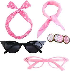 Aneco 6 Pack 50's Costume Set Chiffon Scarf Cat Eye Glasses Bandana Tie Headband Earrings for Women Accessories