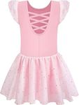 MOLLDAN Girls Dance Leotards for Ballet Dress Shiny Skirt Ruffle Sleeve Crisscross Back(QT4043-08-XXL)