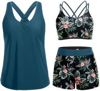 Holipick Green and Flower Plus Size Swimsuits for Women - 3 Piece Tankini Tummy Control Bathing Suits with Boy Shorts Tank Top with Sports Bra 2025 22w
