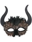 Smiffys Feathered Venetian Horned Mask on Elastic, Eyemasks Fancy Dress, Devil Dress Up Eye masks