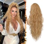 BARSDAR Drawstring Ponytail Extension - 26 Inch Long Curly Wavy Drawstring Blonde Ponytail Hair Extensions for Women - Synthetic Clip in Pony Tails Hairpieces Daily Party - Blonde Mixed