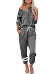 FARORO Womens Pullover PJ Sets Color Block PJs Lounge Sets Pajama Sets 2-Piece Loungewear Sets Sweatsuits Long Sleeve Sleepwear Nightwear Grey