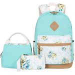 Bluboon Teens Backpack Set Canvas Girls School Bags, Bookbags 3 in 1, Water Blue - Flower, 11.8"x6.7"x17.3", Large