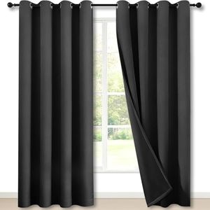 Neween 100% Blackout Curtains with Black Liner, Grommet Thermal Insulated Blockout Curtains Set of 2 Panels, Light Blocking Window Draperies for Living Room/Bedroom (Black, Each W132cm x D213cm)