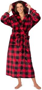 PAVILIA Plush Hooded Buffalo Plaid Robe for Women | Red Black Fluffy Soft Bathrobe With Hood | Fuzzy Warm Spa Cozy Fleece Long Robe | Large-X-Large
