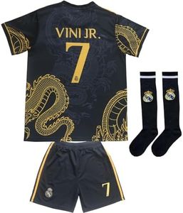 LeenBD 2023/2024 Vini Jr. No #7 Madrid Special Gold Dragon Edition Kids Soccer Jersey Shirts Football Futbol Socks Set Youth Sizes (Black, 10-11 Years Old)