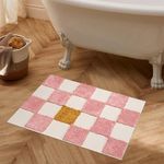 LINROMIA Boho Bathroom Rug, 2'x3' Checkered Tufted Area Rug Small Washable Cotton Woven Checkerboard Accent Rug Non-Shedding Farmhouse Floor Mat for Bedroom Entryway Front Door,Pink and Yellow