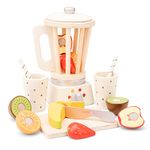 New Classic Toys 10708 Blender with Wooden Fruits Set for Children-Kids, Montessori Toys, Play Kitchen Accessories-8 Pcs, Beige, Smoothie Maker-White