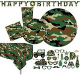 Serves 30 | Complete Party Pack | Camouflage Party Supplies | 9" Dinner Paper Plates | 7" Dessert Paper Plates | 12 oz Cups | 3 Ply Napkins | 1 Happy Birthday Banner | 20 Photo Props | 2 Table Cover | Camouflage Themed Birthday Party Supplies