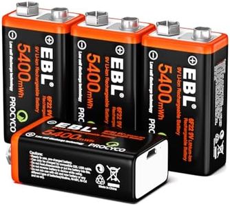 EBL USB Rechargeable 9V Lithium Batteries - 5400mWh Long Lasting LI-ion Batteries with Micro Charging Cable - Quick Charge in 2 Hours (4 Pack)