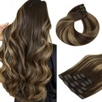 Clip in Hair Extensions, hotbanana Balayage Chocolate Brown to Caramel Blonde Clip in Hair Extensions Real Human Hair Straight Remy Hair Clip in Hair Extensions 18 inch 120g 7pcs