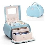 Vlando Jewellery Box for Girls, Jewelry Storage Case with 2 Pull-out Drawer & Mirror for Ring Bracelet Necklace Earring and Hair Ornaments, with Greeting Card, Easter Presents for Children & Women (Blue)