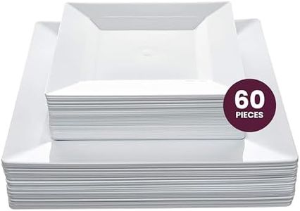 Aya's 60ct White Square Disposable Plates - Heavy Duty Plastic Party Plates for Christmas, Thanksgiving (30 Dinner & 30 Salad)