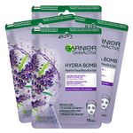 Garnier SkinActive Hydra Bomb Super Moisturizing Sheet Face Mask with Relaxing Effect Vegan Formula with Lavender and Hyaluronic Acid with Relaxing Action for Stressed Skin - 4 Disposable Masks