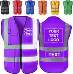 Custom Safety Vest Personalized Logo/Text/Name Customize High Visibility Vests with Pockets and Zipper Bulk for Women Men Work-Purple