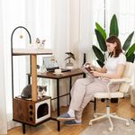 DOICAH Cat Tree in Computer Desk,Vintage Simple Home Office Desk with Cat Scratching Post and Cat Condo,Cat House,51.6 Inches Office Table,Cat Bed for Indoor Cats,Gaming Desk with cat,Rustic Brown