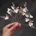 SELFCLOUD Beads Pearl Hair Pins, 6 Pcs Bridal Handmade White 3D Pinch Flower Fairy Bride Wedding Hair Pieces Leaf U Shaped Hair Accessories Headpiece Bridesmaids Women Girls Gold