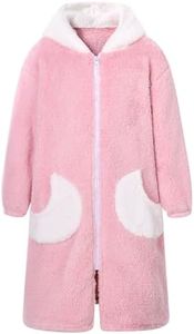 Funnycokid Robes for Girls 9 10 Solid Color Kids Bathrobe Fleece Bath Robe Pink Long Sleeve Zip Hooded Plush Pajamas Sleepwear