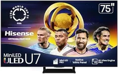 Hisense 75" Class U7 Mini-LED ULED 4K UHD Google Smart TV (75U75QG, 2025 Model) - QLED, Native 165Hz, VRR 288, Up to 3000 Nits, HDR10+, Dolby Vision IQ · Atmos, IMAX Enhanced, 2.1.2 Ch Surround