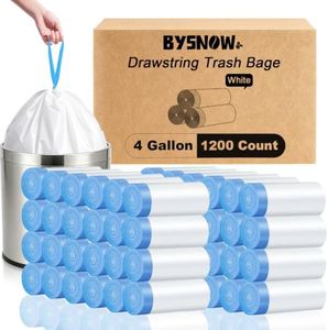 BYSNOW 4 Gallon 1200 Counts Small Trash Bags, White Drawstring Garbage Bags | Strong Unscented Garbage Can Liners, Fit 11-15L Waste Bins for Bathroom, Kitchen, Office, Dorm, Car