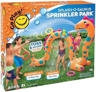 Go Play! Splash-O-Saurus Sprinkler Park, Water-Sprinkling Dino, 4 x Inflatable Ring Toss, Summer Toy with Built in Sprinkler for Backyard and Outdoor Water Toys Play. Suitable for Ages 3+