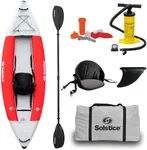 SOLSTICE Flare 1 Person Inflatable Fishing Kayak Boat For Adults & Kids 9'6'' X 35'' | Incl. Adjustible Bucket Seat, Bungee Storage, Skeg, Pump & Bag | Heavy Duty Dropstitch & PVC Material