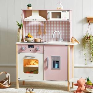 Tiny Land Play Kitchen for Kids, Wooden Kids Play Kitchen Playset Chef Pretend Play Set for Toddlers with Real Lights & Sounds, Toys Kitchen with 18 Pcs Toy Food & Cookware Accessories