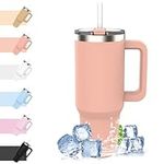 WATERSY Travel Mug Coffee Cup 40oz Tumbler Straw Lid and Handle, Stainless Steel Double Wall Vacuum Insulated Coffee Water Bottle Thermos for Cold Hot Coffee 1182ml Pink