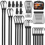 35 PCS Black Bungee Cords Assorted Sizes,Bungee Cords Heavy Duty Outdoor,8",12",18",24",32",40" Bungee Cords with Hook & Carabiner Strap,6 Inch Bungee Balls,Tarp Clips with Carry Bags