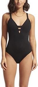 Seafolly Women's Active Deep V Plunge Maillot One Piece Swimsuit, Eco Collective Black, 8