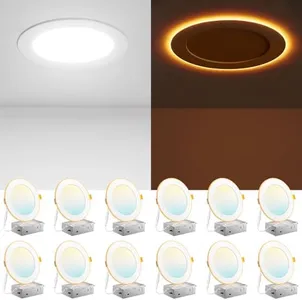 Amico 12 Pack 6 Inch 5CCT LED Recessed Ceiling Light with Night Light, 2700K/3000K/3500K/4000K/5000K Selectable Ultra-Thin Lighting, 12W=110W, 1100LM, Dimmable Canless Wafer Downlight ETL&FCC