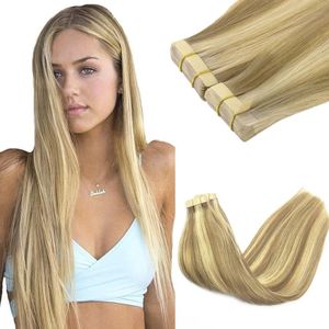 GOO GOO Tape in Hair Extensions Human Hair, 16/22 Light Blonde Highlighted Golden Blonde, 20inch 100g 40pcs, Thick Ends Straight Seamless Tape in, Invisible Tape in Hair Extensions Human Hair