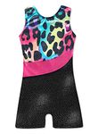 XiaoMoSha Gymnastics Leotards for Girls Sleeveless Dance Unitards Ribbon Sparkle Leotard Gymnastics Athletic for Little Girls(Leopard, 7-8 Years)