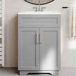 OLD CAPTAIN Bathroom Vanity with Ceramic Sink, Wooden Double Door Bathroom Storage Vanity with 24 Inch, Small Quick Assembly Bathroom Cabinet, White & Grey…